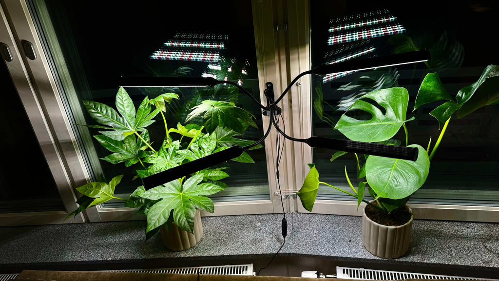 Smoothcrops växtlampa LED lampa med justerbara armar belyser växter vid fönster.
