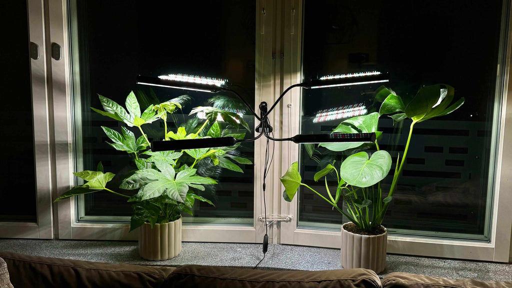 Smoothcrops växtlampa with adjustable arms providing full-spectrum LED light for indoor plants.